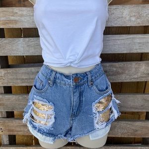 Denim shorts with gold sequin pockets ✨